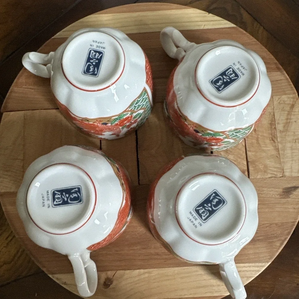 Imari Arita Peacock Coffee Or Tea Cups Made In Japan Set Of 4 Signed Ornate